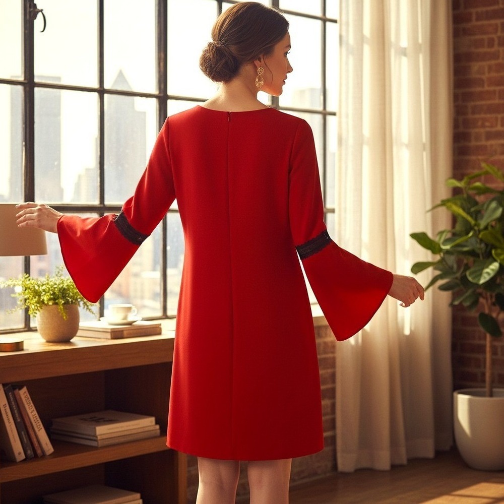 Vintage Sharagano Red Bell Sleeve Lace Trim Holiday Dress Women Size‎ 8 NWOT - Picture 3 of 6